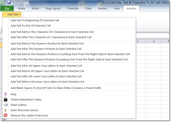 Excel Add Data, Text & Characters To All Cells Software