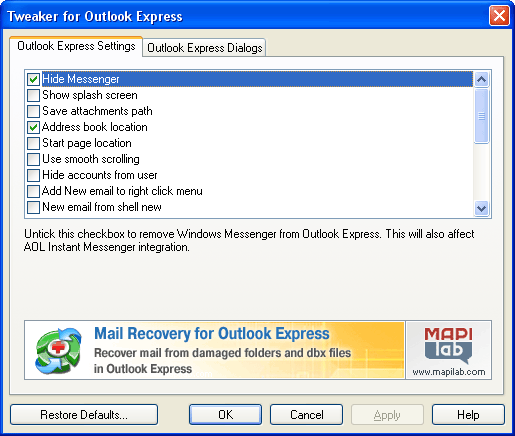 Tweaker for Outlook Express