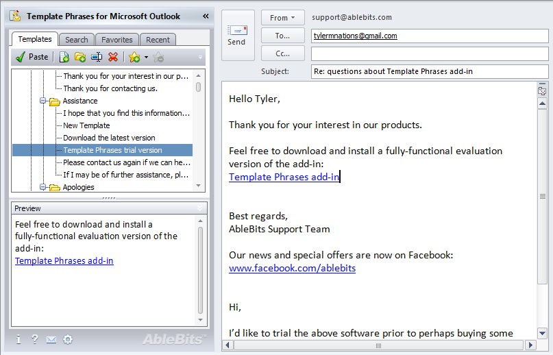 Template Phrases for Microsoft Outlook